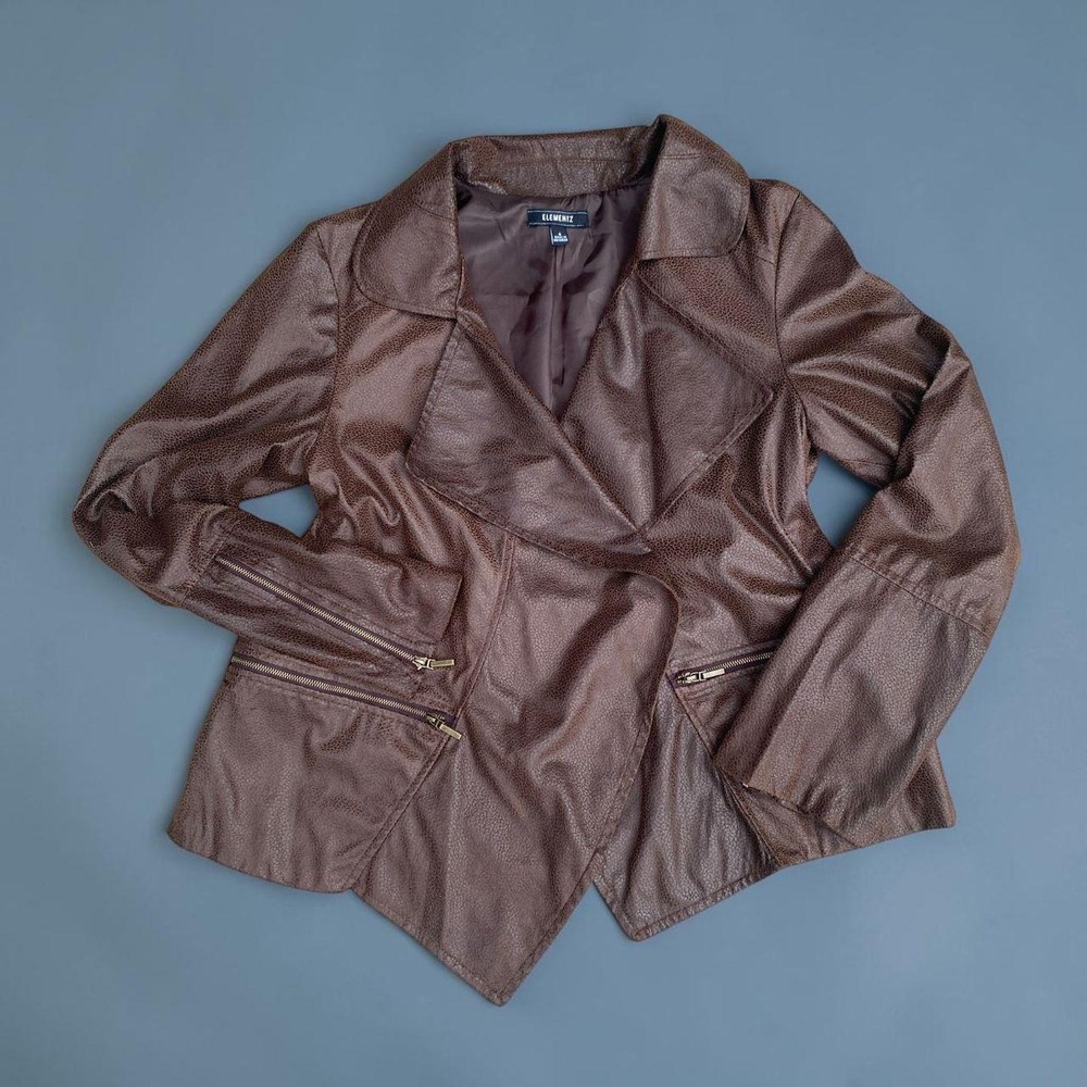 Brown Faux Leather Draped Moto Jacket Zipper Cuffs Size Small
